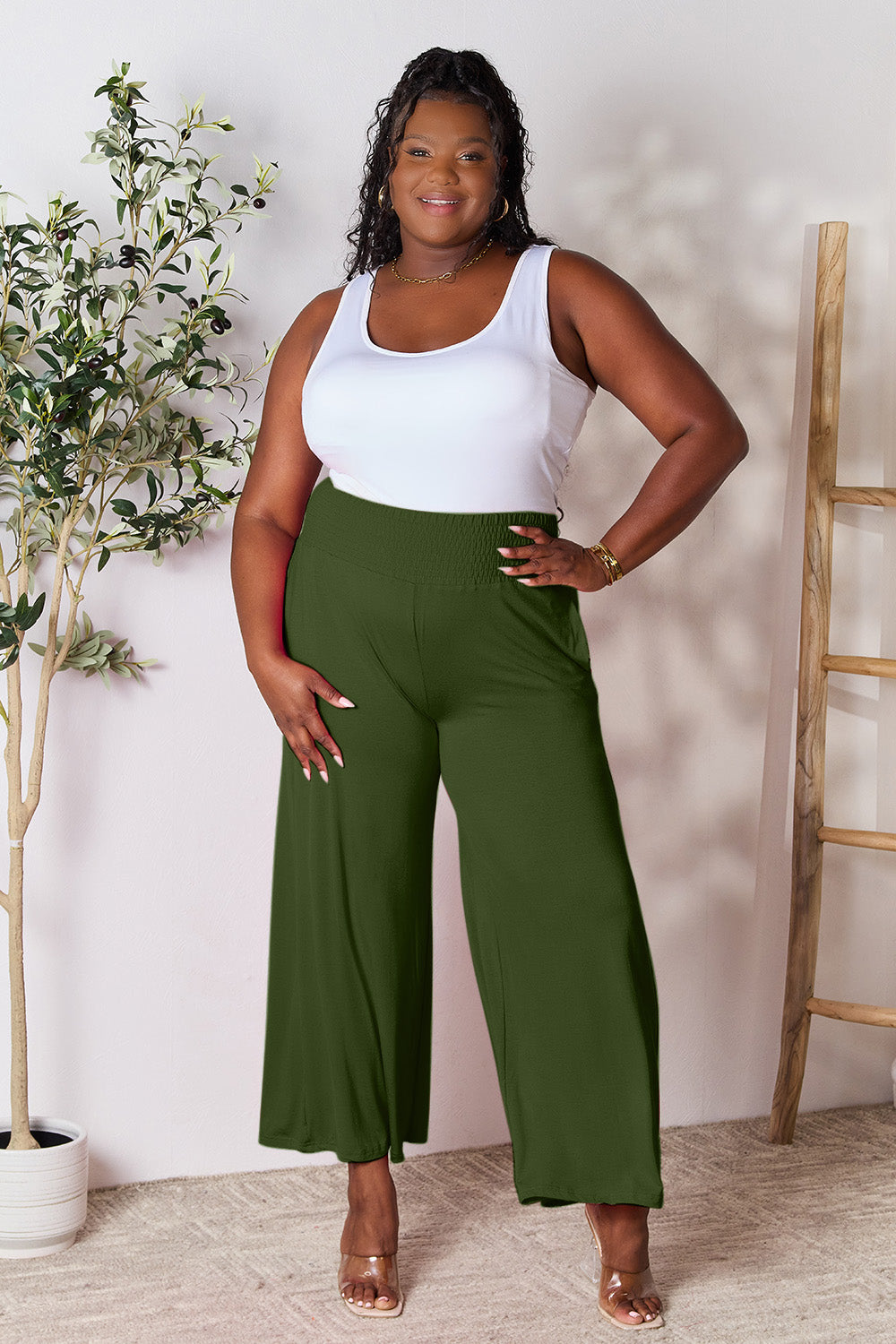 Basic Bae Full Size Smocked Wide Waistband Wide Leg Pants - Heritage Couture  