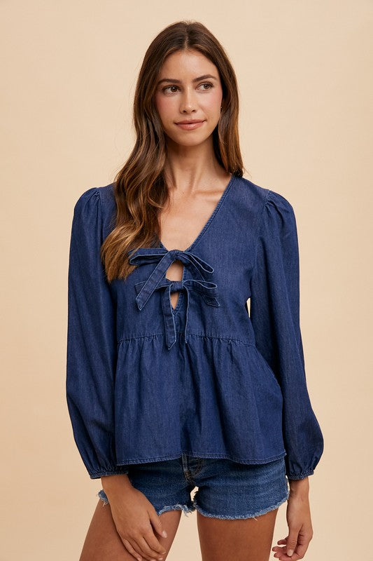 Annie Wear Tie Front Peplum Long Sleeve Denim Top - Heritage Couture  