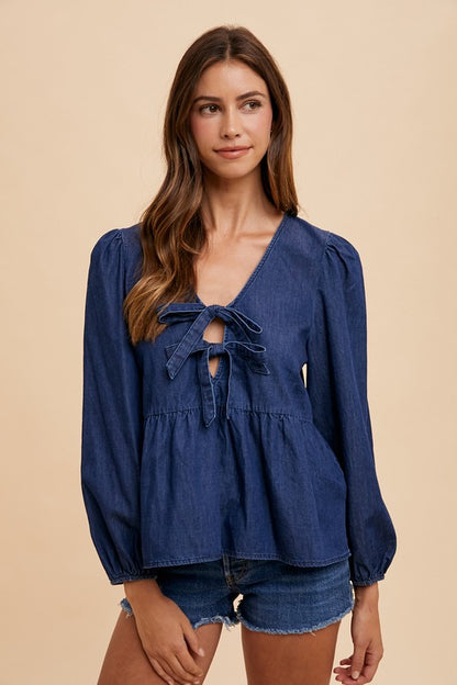 Annie Wear Tie Front Peplum Long Sleeve Denim Top - Heritage Couture  
