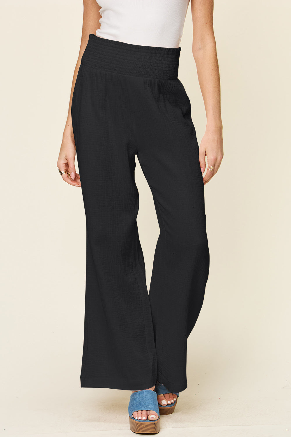 Double Take Full Size Texture Smocked Waist Wide Leg Pants - Heritage Couture  