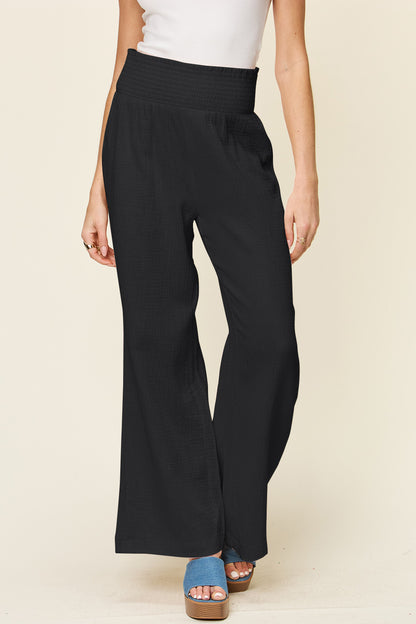 Double Take Full Size Texture Smocked Waist Wide Leg Pants - Heritage Couture  