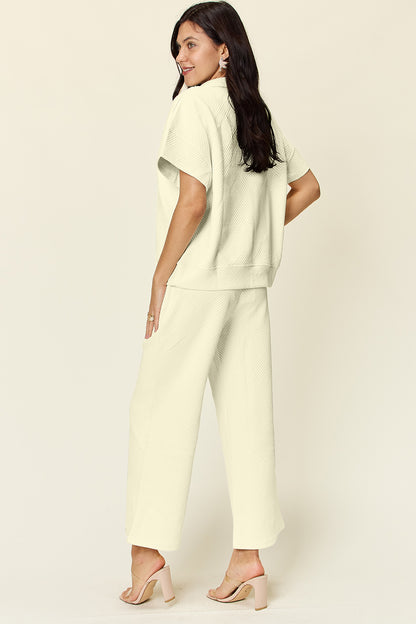 Double Take Full Size Texture Half Zip Short Sleeve Top and Pants Set - Heritage Couture  