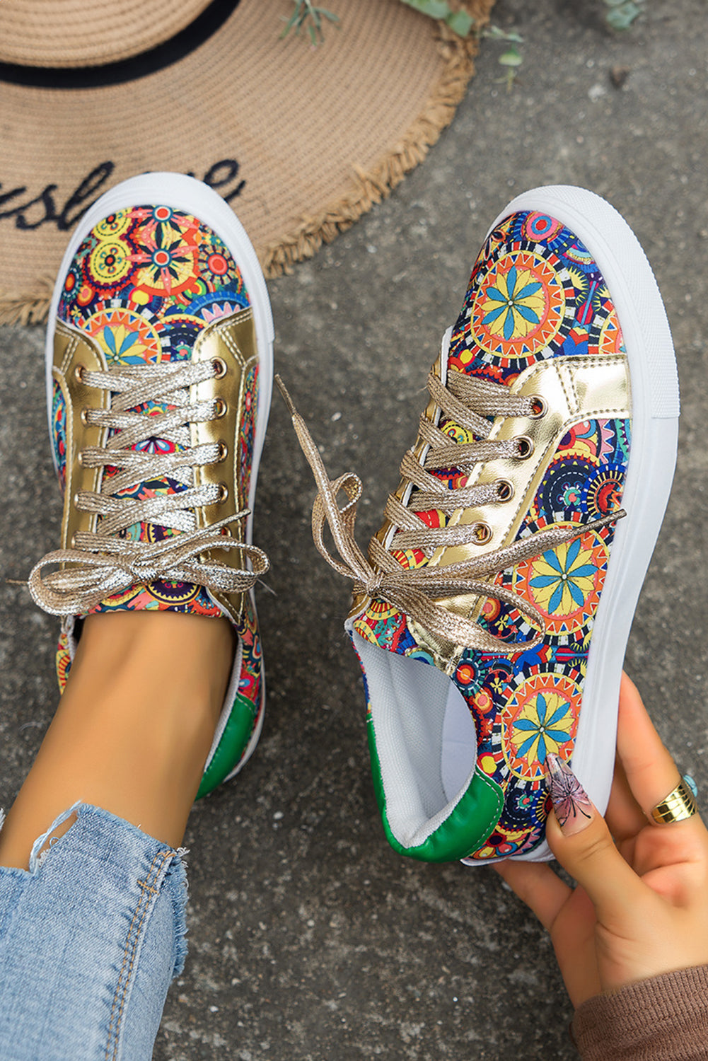 Gold Boho Geometric print Lace Up Sneakers - Heritage Couture  