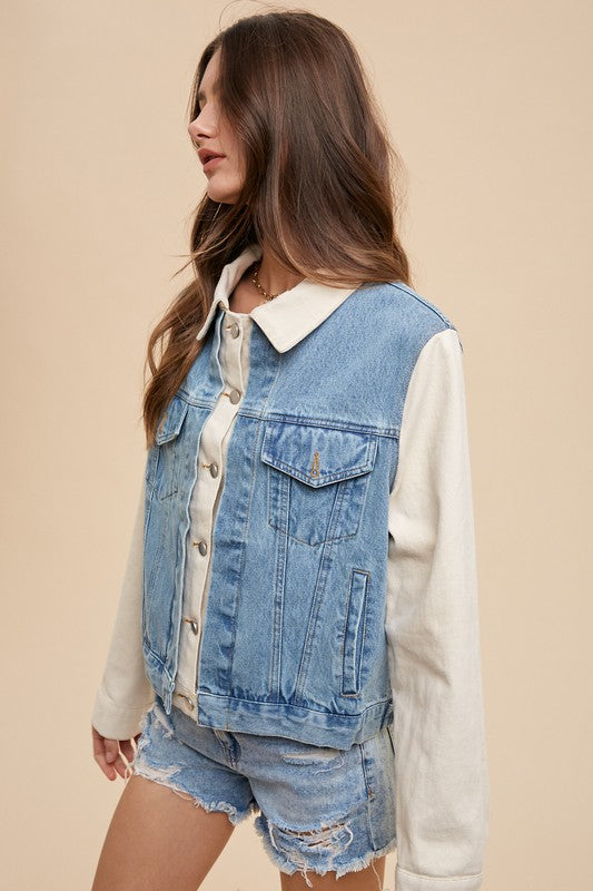 Annie Wear Collared Neck Double Placket Denim Jacket - Heritage Couture  