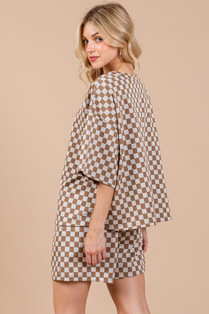 Ces Femme Checkered Round Neck Top and Shorts Set - Heritage Couture  