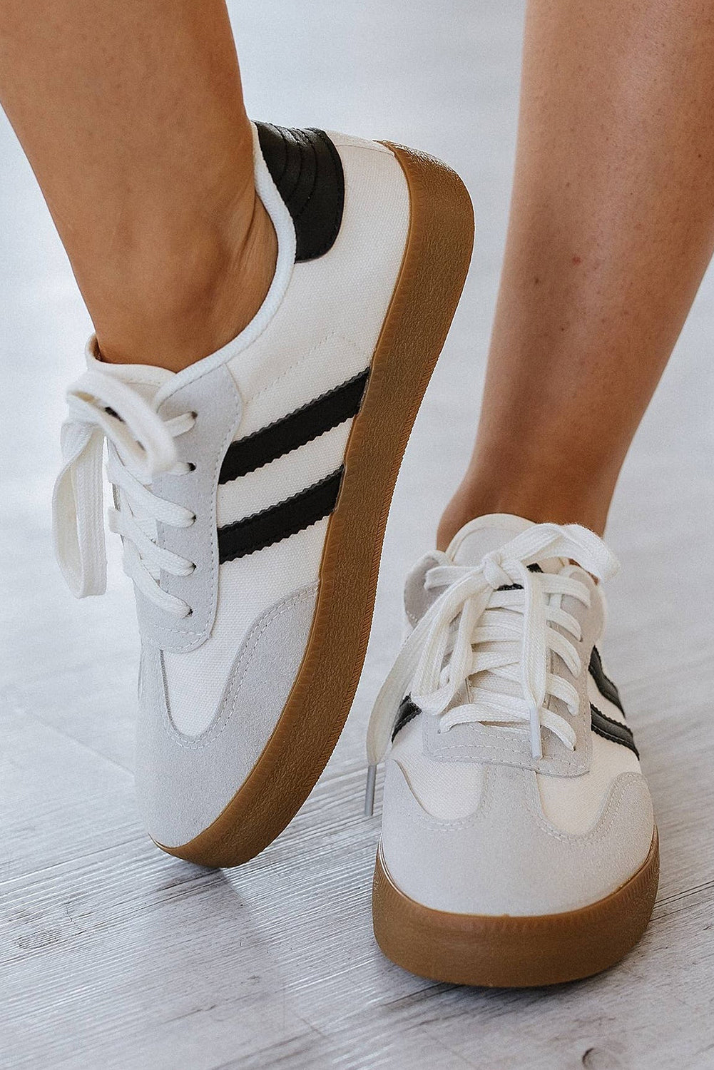 White Striped Lace Up Flat Sneakers - Heritage Couture  