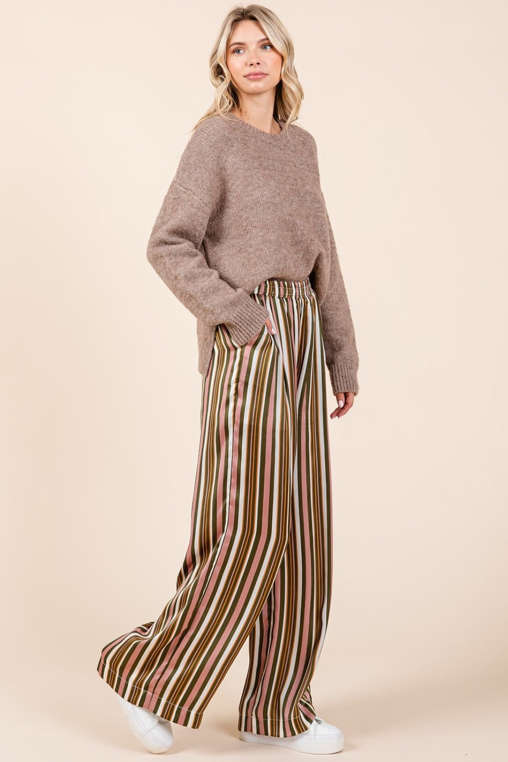 Mittoshop Striped Satin Elastic Waist Wide Leg Pants - Heritage Couture  