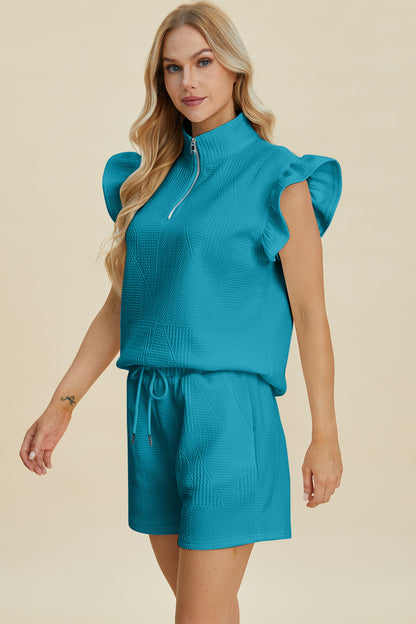 Double Take Full Size Texture Flounce Sleeve Top and Shorts Set - Heritage Couture  