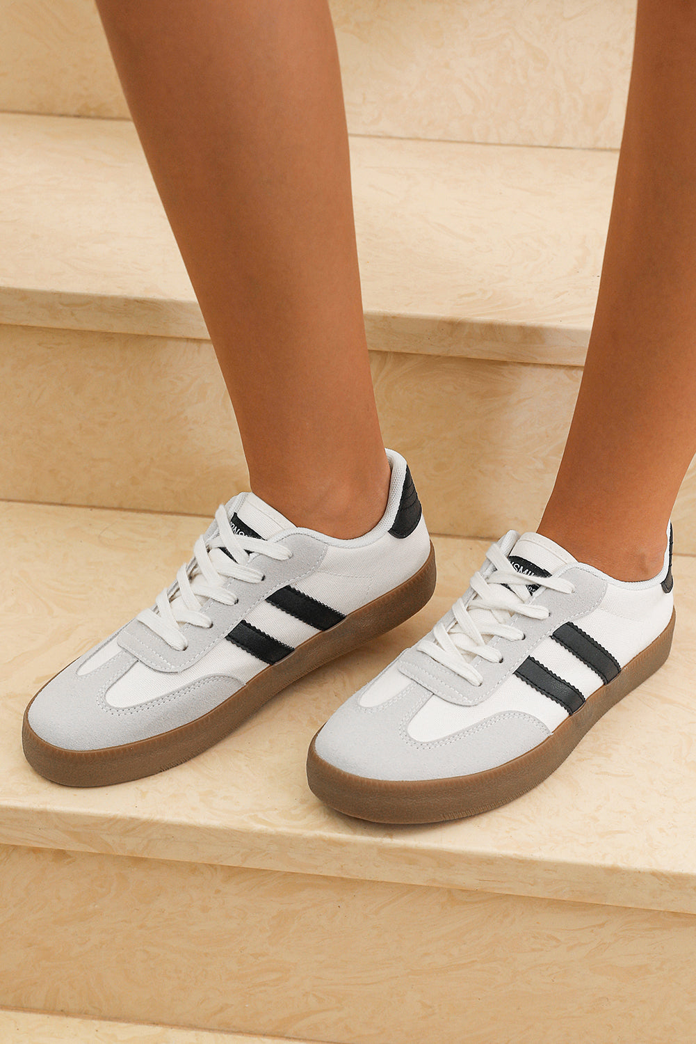 White Striped Lace Up Flat Sneakers - Heritage Couture  