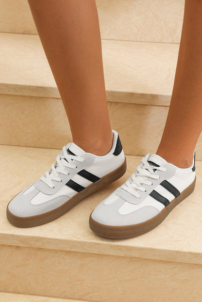 White Striped Lace Up Flat Sneakers - Heritage Couture  