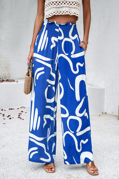 Devine Smocked Printed Wide Leg Pants with Pockets - Heritage Couture  