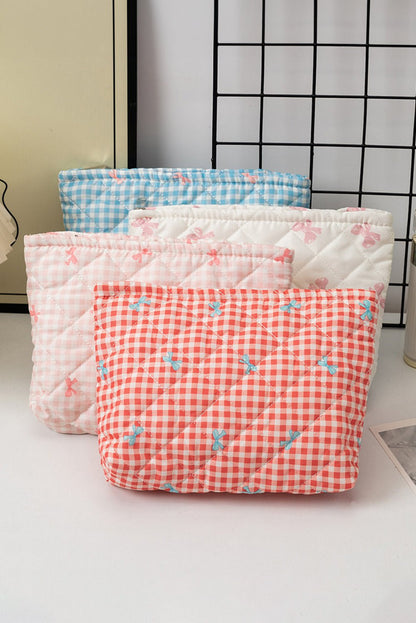 White Bow Knot Print Zipper Quilted Large Cosmetic Bag - Heritage Couture  