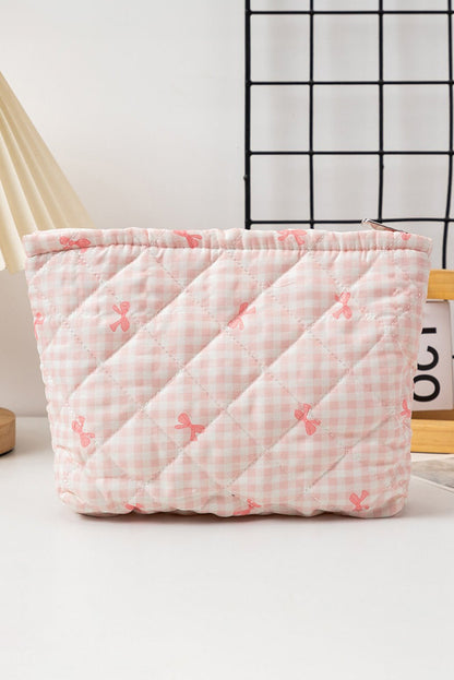 White Bow Knot Print Zipper Quilted Large Cosmetic Bag - Heritage Couture  