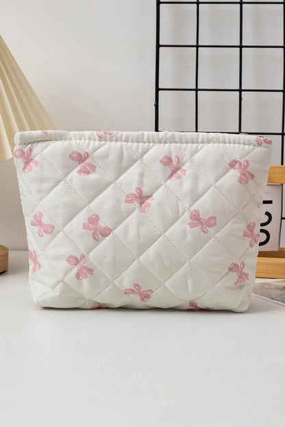 White Bow Knot Print Zipper Quilted Large Cosmetic Bag - Heritage Couture  