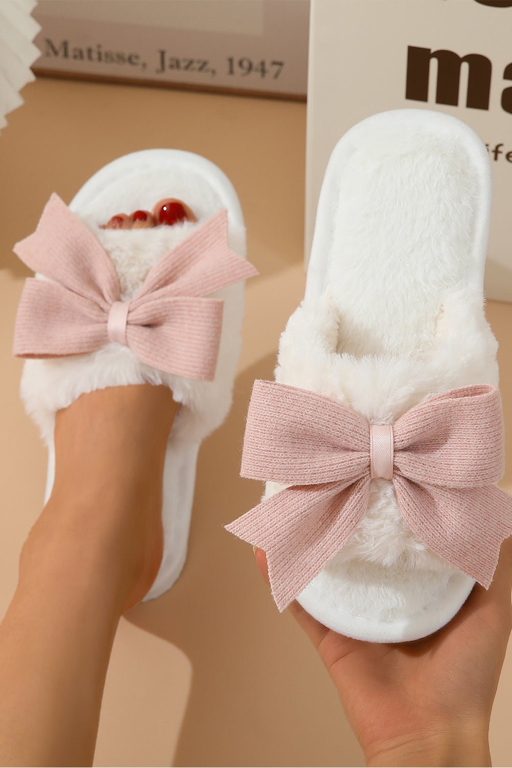 White Cute Bowknot Home Fluffy Slippers - Heritage Couture  