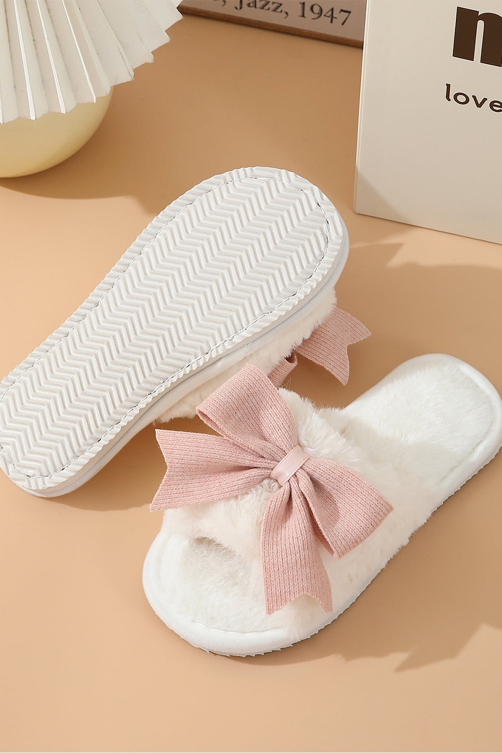 White Cute Bowknot Home Fluffy Slippers - Heritage Couture  